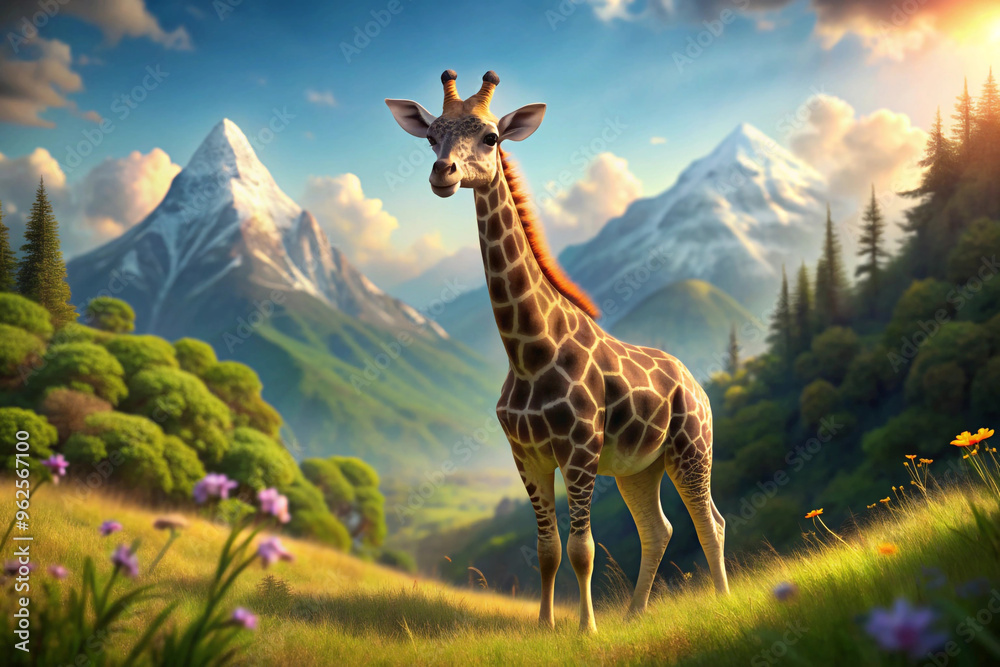 Obraz premium Giraffe Standing in a Mountainous Meadow
