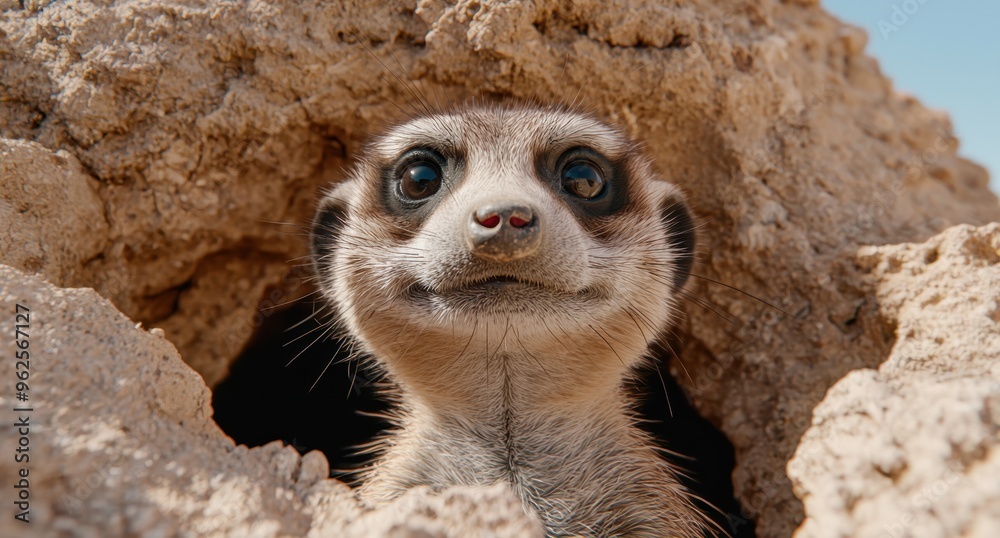 Obraz premium curious meerkat peeking out from burrow
