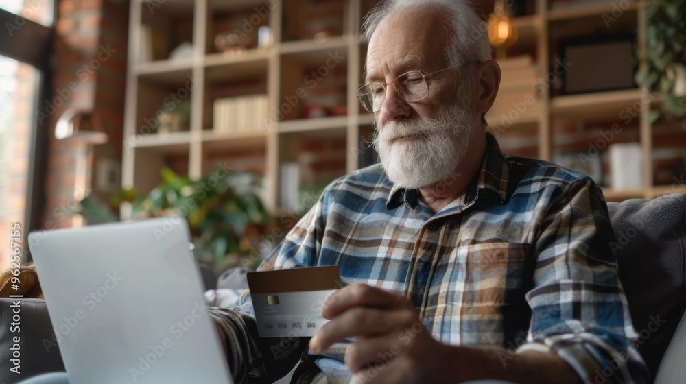lose-up of an older man using a credit card to pay bills and shop online via a laptop, demonstrating a senior's engagement with e-commerce. lose-up of an older man using a credit card to pay bills and shop online via a laptop, demonstrating a senior's engagement with e-commerce.