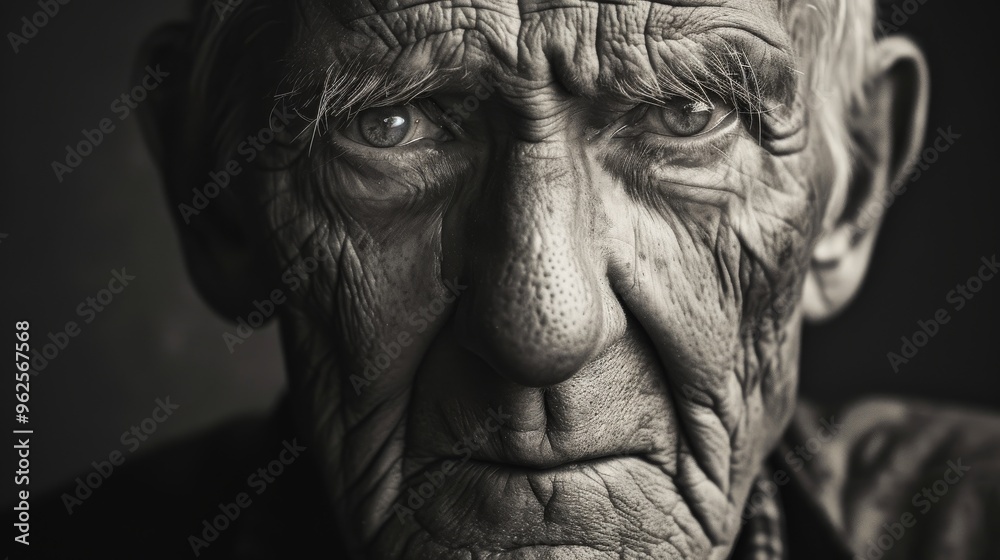 A powerful black and white close-up portrait of an elderly man, showcasing deep wrinkles and intense eyes. The monochromatic tones emphasize the texture and details of his aged skin, conveying wisdom A powerful black and white close-up portrait of an elderly man, showcasing deep wrinkles and intense eyes. The monochromatic tones emphasize the texture and details of his aged skin, conveying wisdom