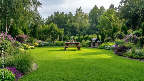 A vibrant garden scene featuring lush greenery, colorful flowers, and a picnic table, perfect for relaxation and outdoor activities.