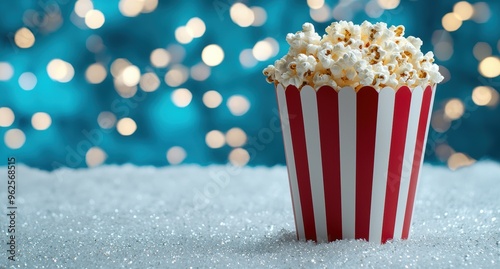 Popcorn in a striped box on a snowy background with bokeh lights