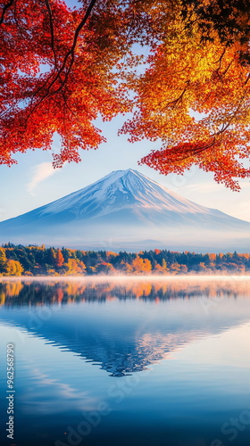 A beautiful view of white snow-covered Mt. Fuji reflected in the lake beneath red maple trees. Autumn scenery of Mt. Fuji in Japan. Travel background.