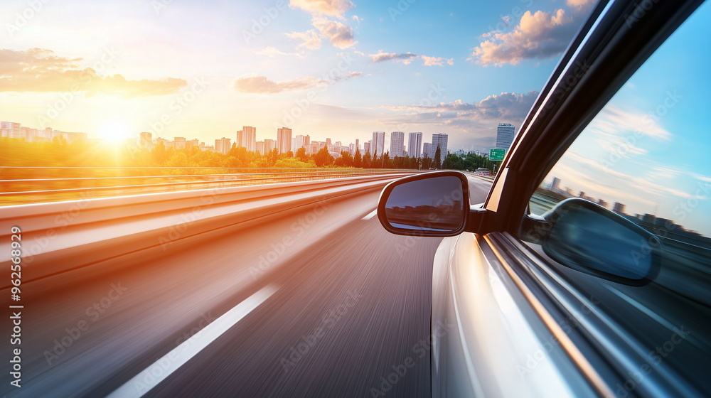 Obraz premium Close-up of part of the window and rearview mirror of a car speeding towards the city with sunset scenery. Dynamic road and city skyline. 