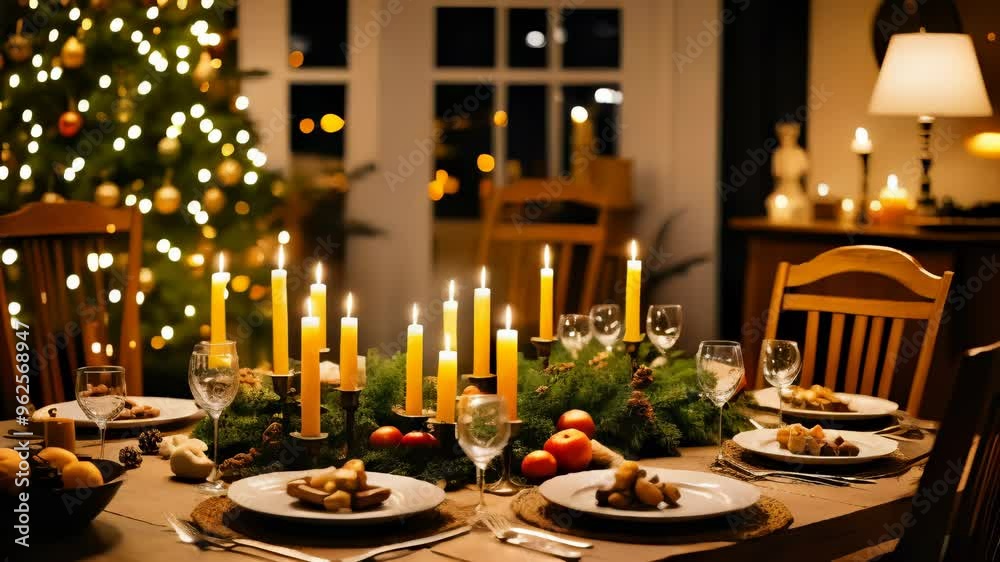 Christmas Table Setting with Candles and Oranges Christmas Table Setting with Candles and Oranges