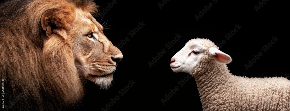 powerful lion and innocent lamb facing each other powerful lion and innocent lamb facing each other