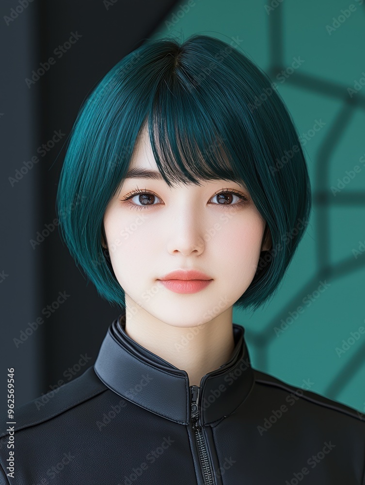 portrait of a young asian woman with teal colored hair portrait of a young asian woman with teal colored hair