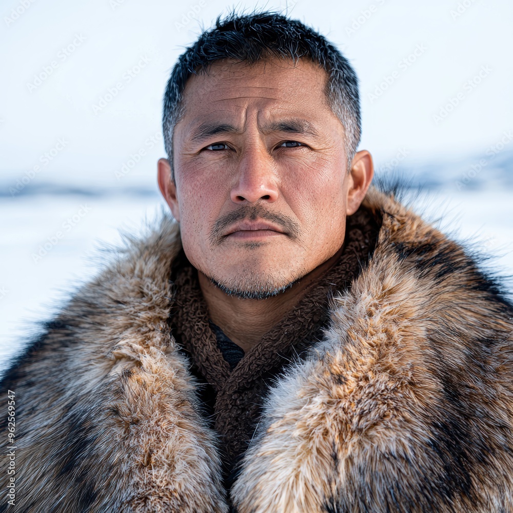 Rugged man in fur coat against snowy background Rugged man in fur coat against snowy background