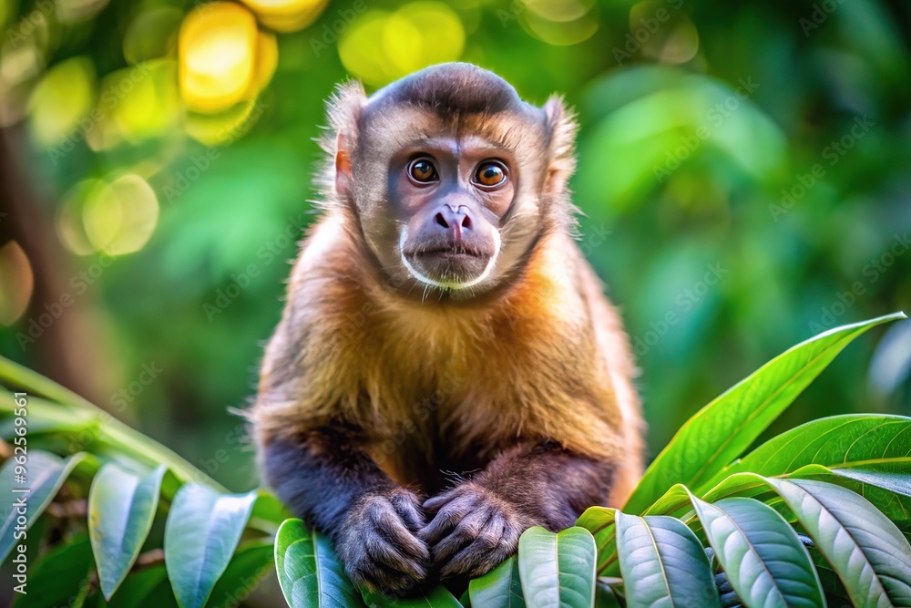 A curious brown Capuchin monkey with bright inquisitive eyes and fur fluffed up, sits on a tree branch amidst lush green foliage, looking playful. A curious brown Capuchin monkey with bright inquisitive eyes and fur fluffed up, sits on a tree branch amidst lush green foliage, looking playful.