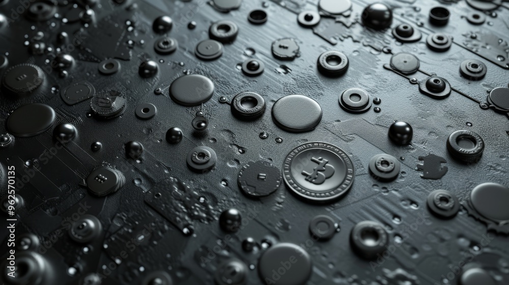 A sleek, abstract digital landscape in black, featuring scattered round elements and geometric patterns. The monochromatic palette and futuristic design create a modern and sophisticated visual, ideal A sleek, abstract digital landscape in black, featuring scattered round elements and geometric patterns. The monochromatic palette and futuristic design create a modern and sophisticated visual, ideal