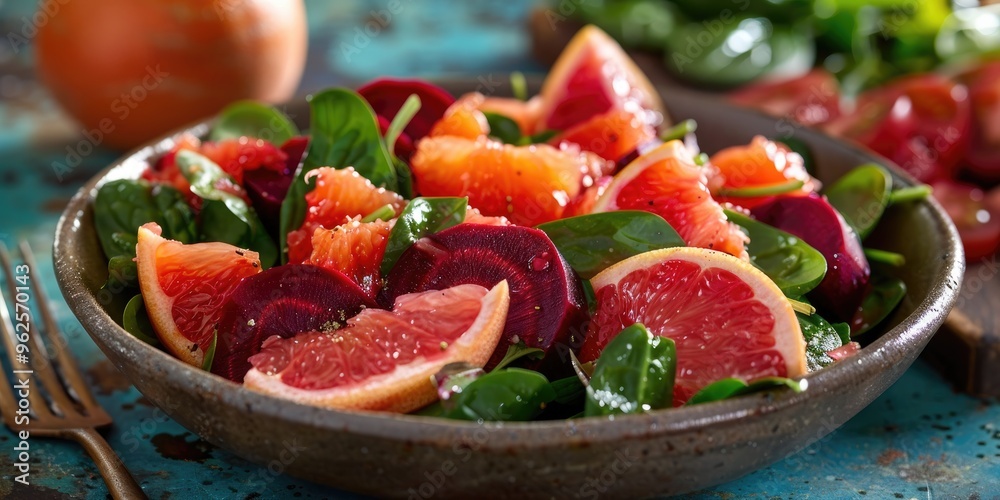 Bowl of salad featuring red grapefruit, beet, spinach, and tomato with a focus on selective detail and enhanced tones. Bowl of salad featuring red grapefruit, beet, spinach, and tomato with a focus on selective detail and enhanced tones.