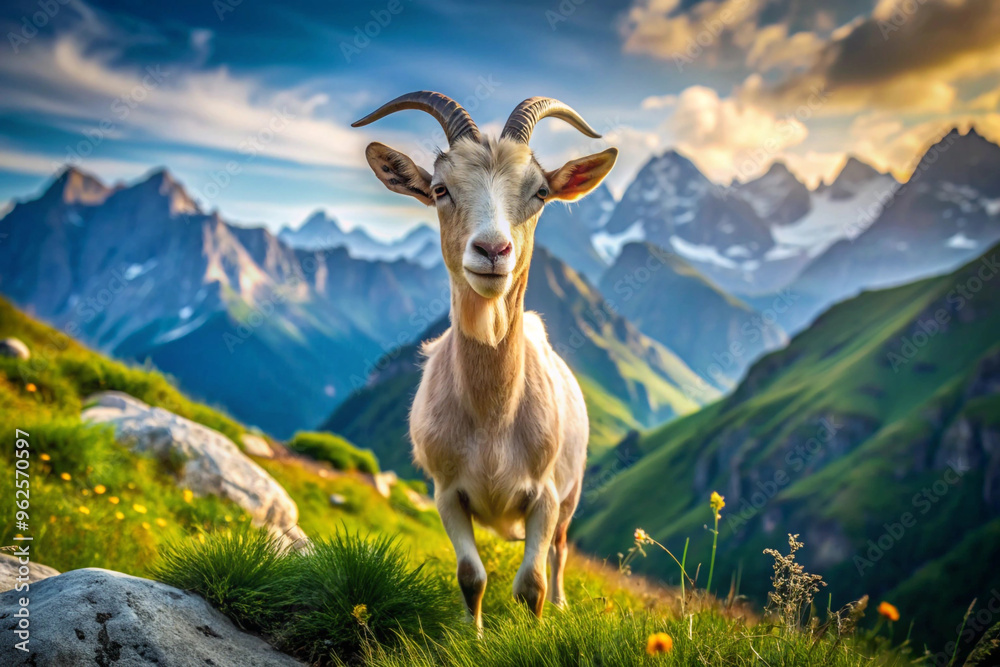 Obraz premium A Goat Standing on a Mountainside with a View of a Mountain Range