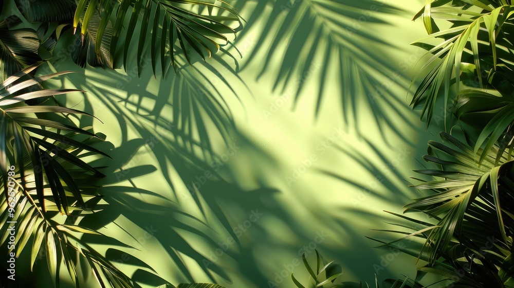 Shadow tropical leaves arrangement on green backdrop with tropical vibe and space for text Shadow tropical leaves arrangement on green backdrop with tropical vibe and space for text
