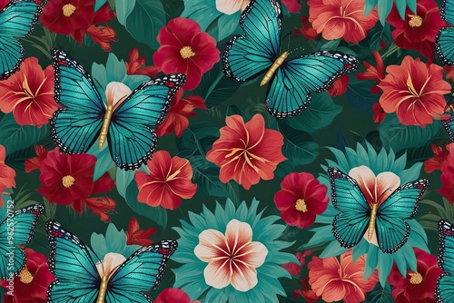 Stunning Garden Flowers with Shimmering Butterflies in Tropical Teal and Red Variations