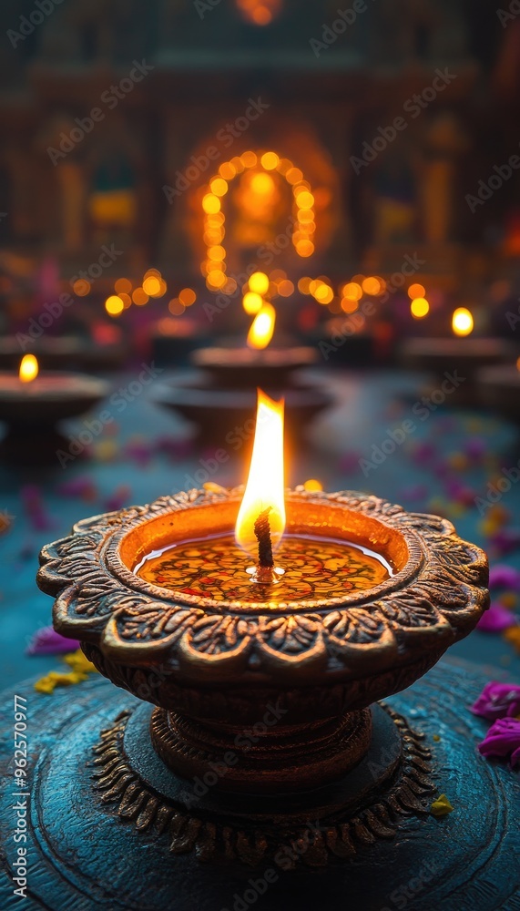 Ornate Oil Lamp with Flame in Temple Setting Ornate Oil Lamp with Flame in Temple Setting