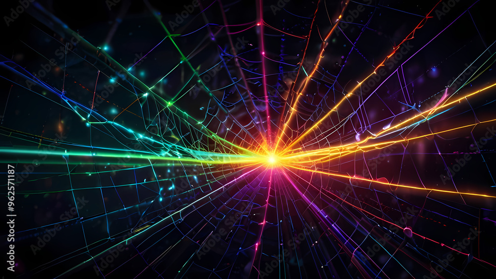 Abstract illustration of a spider web with neon threads stretching in various directions Abstract illustration of a spider web with neon threads stretching in various directions