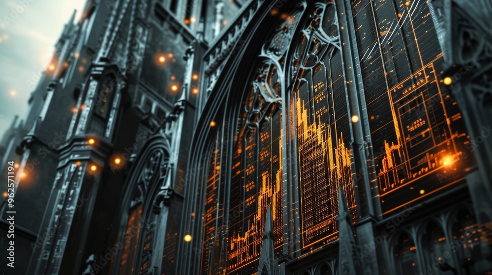 Innovative digital artwork showcasing a cathedral adorned with stained glass windows that display financial data and charts. The glowing orange lines and data symbols integrate seamlessly with the Innovative digital artwork showcasing a cathedral adorned with stained glass windows that display financial data and charts. The glowing orange lines and data symbols integrate seamlessly with the