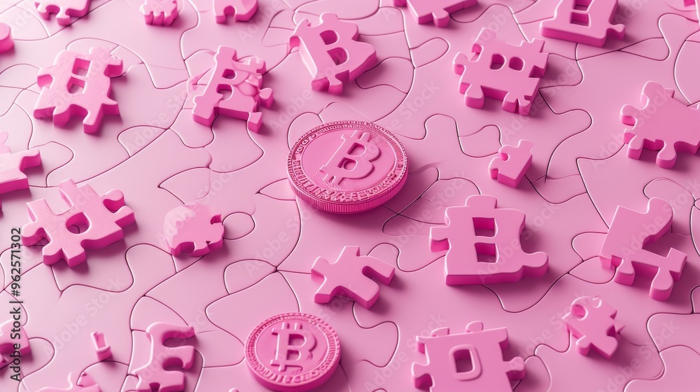 Bitcoin puzzle pieces in pink on a pastel background, symbolizing the intricate and interconnected nature of the cryptocurrency market. Perfect for visualizing financial complexity and digital asset Bitcoin puzzle pieces in pink on a pastel background, symbolizing the intricate and interconnected nature of the cryptocurrency market. Perfect for visualizing financial complexity and digital asset
