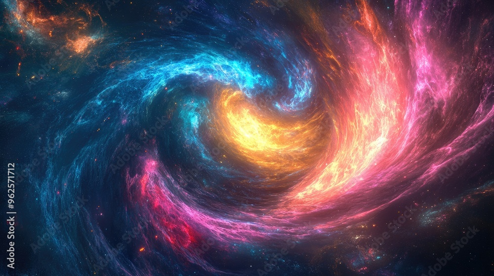 Swirling neon light rays in a galaxy explosion, dynamic blue, pink, yellow, and purple glowing against a dark universe backdrop