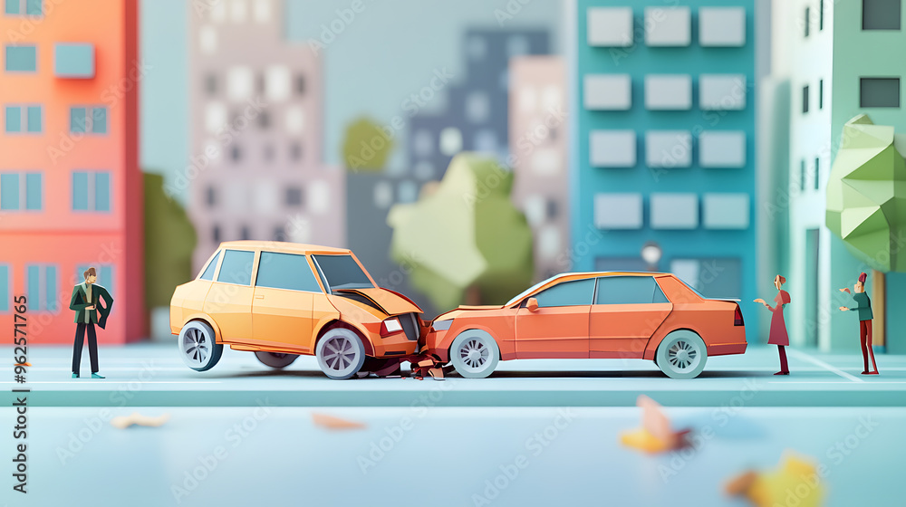 Car accident scene with two cars and people discussing the event, depicted in a vivid and minimal paper cut craft style with bright colors. Car accident scene with two cars and people discussing the event, depicted in a vivid and minimal paper cut craft style with bright colors.