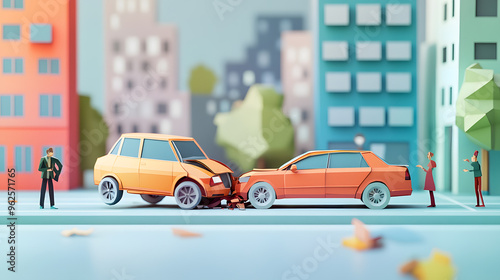 Car accident scene with two cars and people discussing the event, depicted in a vivid and minimal paper cut craft style with bright colors.