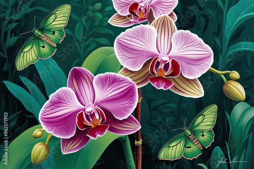 Vibrant Orchid and Emerald Moth Illustration Showcasing Beautiful Flora and Fauna photo