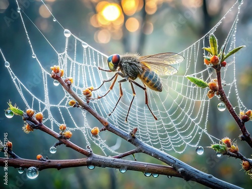 A delicate spider web wraps around a twig, ensnaring a hapless fly, its intricate patterns glistening with morning dew in the misty forest air. photo