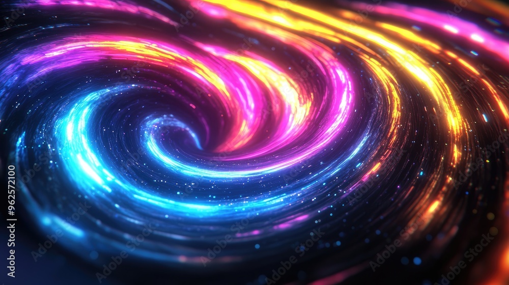 Vibrant spiral neon light rays representing the speed of light in the galaxy, with blue, pink, yellow, and purple glow on black Vibrant spiral neon light rays representing the speed of light in the galaxy, with blue, pink, yellow, and purple glow on black