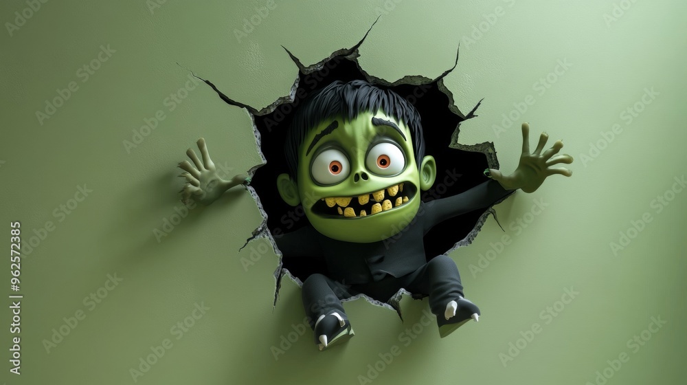 3D Cute Frankenstein Peeking from Torn Wall. Halloween Poster