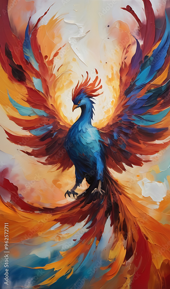 Obraz premium Abstract painting of a phoenix rising from flames with bold brushstrokes, rich colors, and dynamic textures. The composition uses large, expressive strokes in an oil painting style, with a focus on re