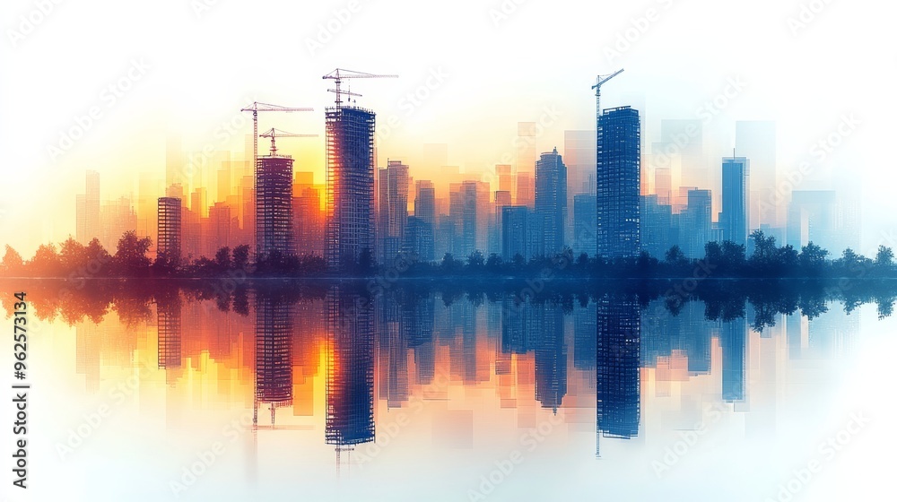 Fototapeta premium Modern city skyline with tall buildings and cranes under construction. It represents the growth of architectural design in urban development. White background and contrast between water reflections