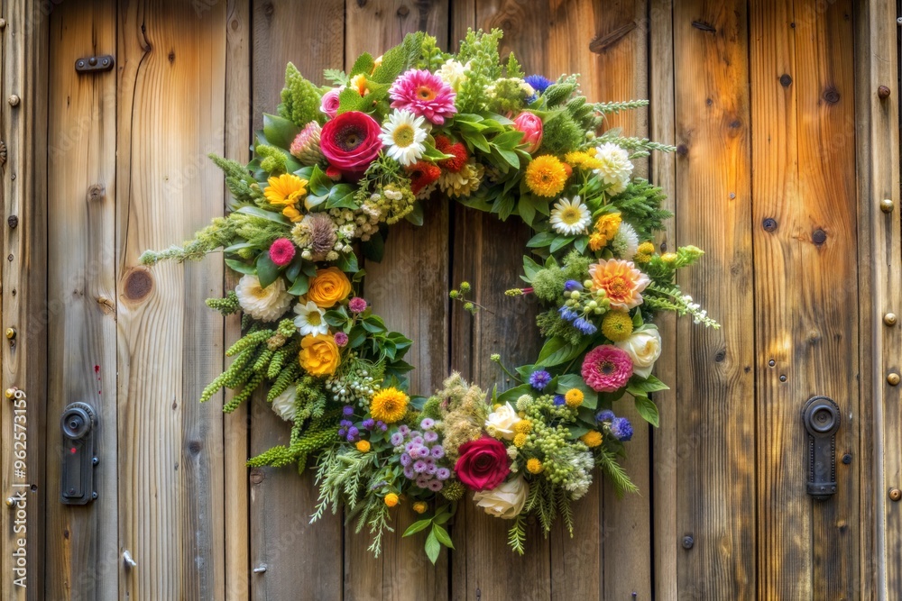 Fototapeta premium Colorful floral wreath on rustic wooden door in vibrant summer daylight