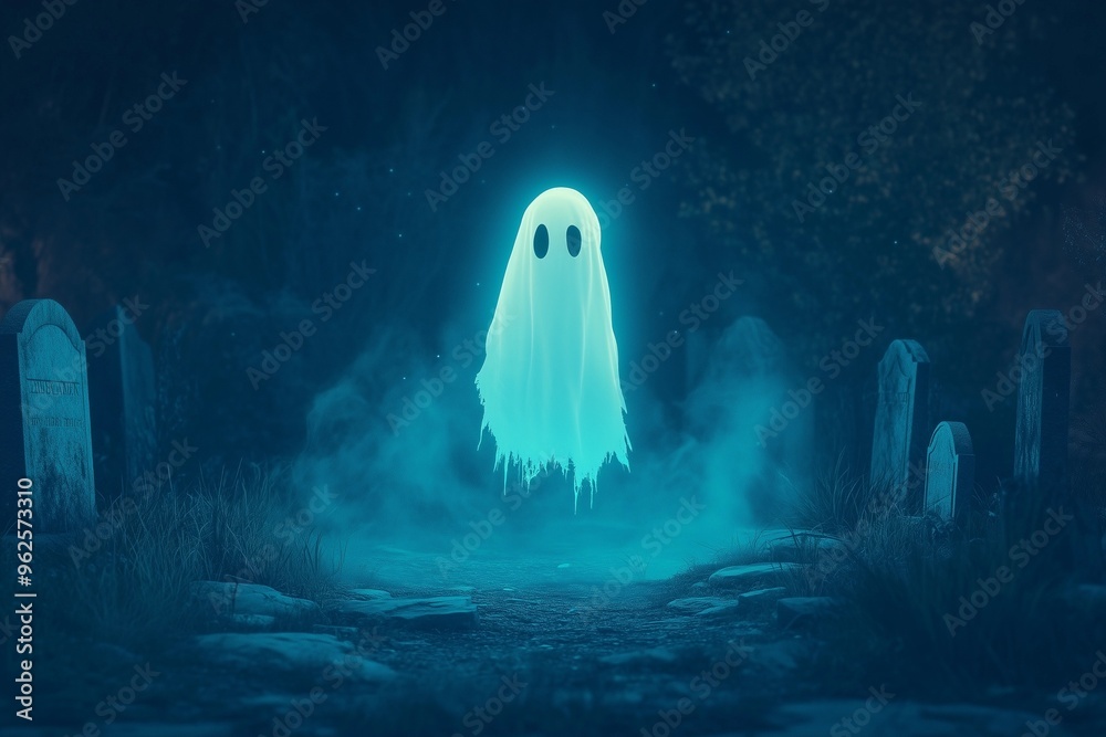 Ghost Floating in a Graveyard at Night with Mist Swirling Around Old Tombstones Ghost Floating in a Graveyard at Night with Mist Swirling Around Old Tombstones