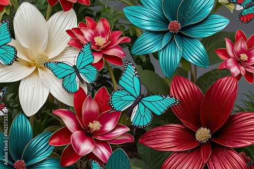 Stunning Garden Flowers with Shimmering Butterflies in Tropical Teal and Red Variations