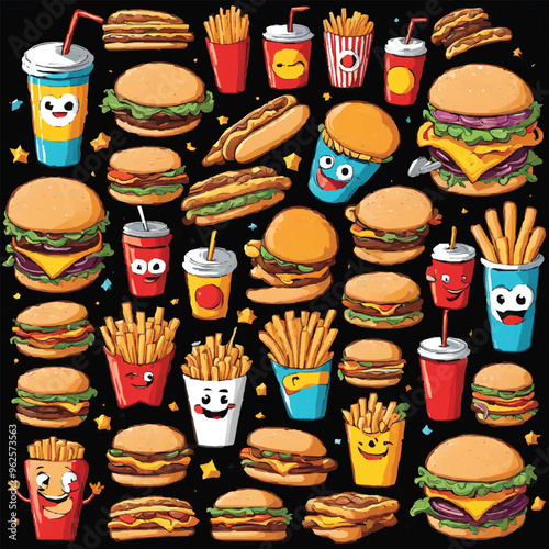 Funny food mascots. Cute doodle junk food mascot, fast food with faces, happy cheeseburger, pizza and croissant vector illustration icons set. Sandwich and snack with face cute, unhealthy meal.