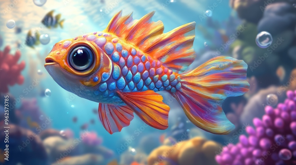 A colorful cartoon fish with exaggerated features and big eyes swimming playfully in a vibrant underwater scene, full of whimsy A colorful cartoon fish with exaggerated features and big eyes swimming playfully in a vibrant underwater scene, full of whimsy