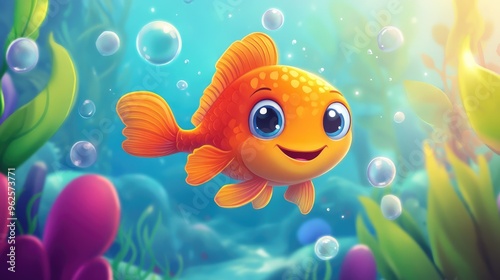 A cute cartoon fish with a big smile, surrounded by bubbles and aquatic plants, swimming in a bright, playful ocean world