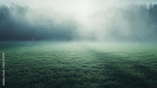 A foggy soccer field where the grass fades into mist, with soft light shining through, evoking a sense of mystery and solitude