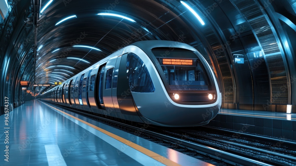 Fototapeta premium A futuristic subway train pulls into a modern station, symbolizing innovation and progress in public transportation systems