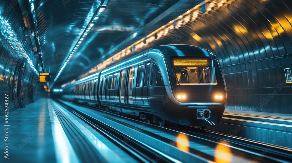 A futuristic subway train pulls into a modern station, symbolizing innovation and progress in public transportation systems A futuristic subway train pulls into a modern station, symbolizing innovation and progress in public transportation systems