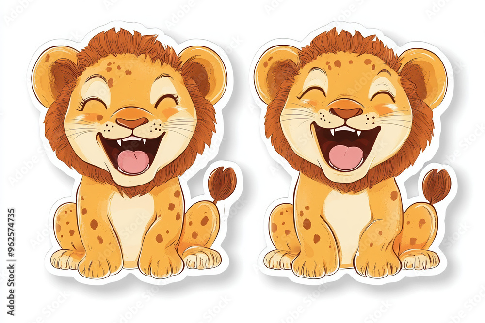 Obraz premium cute lion baby lion laughter cartoon smiling joyful character illustration animal wild animal graphic playful young lion happy adorable art cheerful 