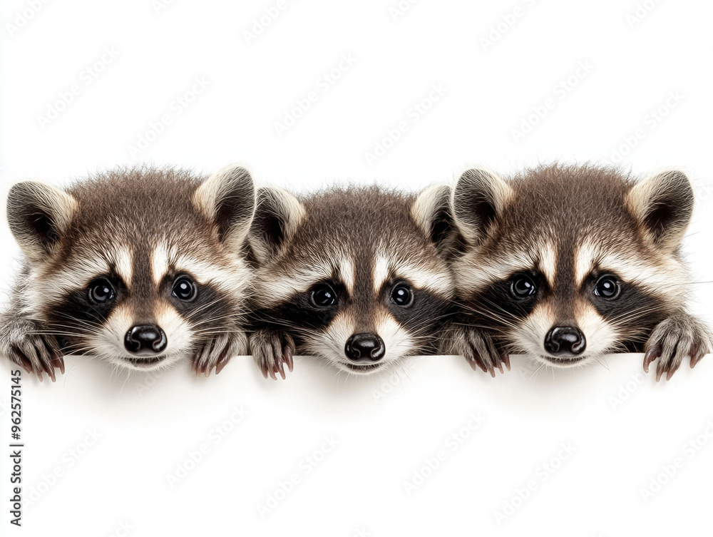 Obraz premium raccoons animal faces cute animals wildlife mammal nature trio furry playful forest creatures baby raccoons animal photography pets forest animals curious animals