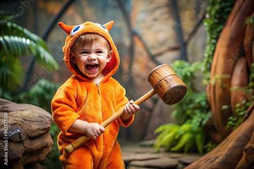 A happy-go-lucky, dim-witted but lovable caveman's little son, clad in a orange dinosaur onesie, wields a giant mallet with a toothy grin in a prehistoric setting. photo