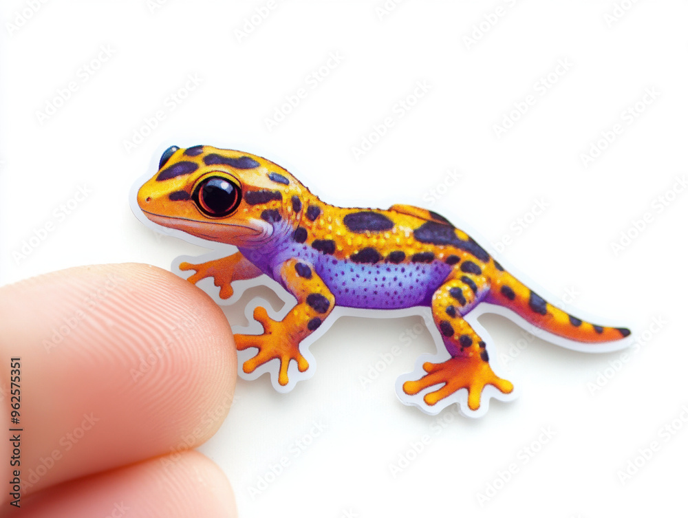 Fototapeta premium lizard gecko reptile animal vibrant colors stickers colorful cute pets hands wildlife nature illustration art decorative close-up hobby collection orange yellow fun 