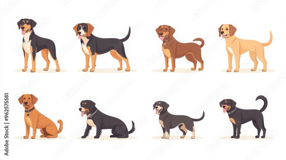 Set of Dogs in Different Breeds Showing Front and Back Views, Featuring ...