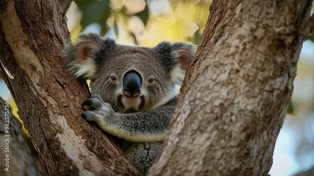 Koala nestled in the fork of a eucalyptus tree, with bokeh effect in the background, wildlife photography, peaceful coexistence with nature Koala nestled in the fork of a eucalyptus tree, with bokeh effect in the background, wildlife photography, peaceful coexistence with nature