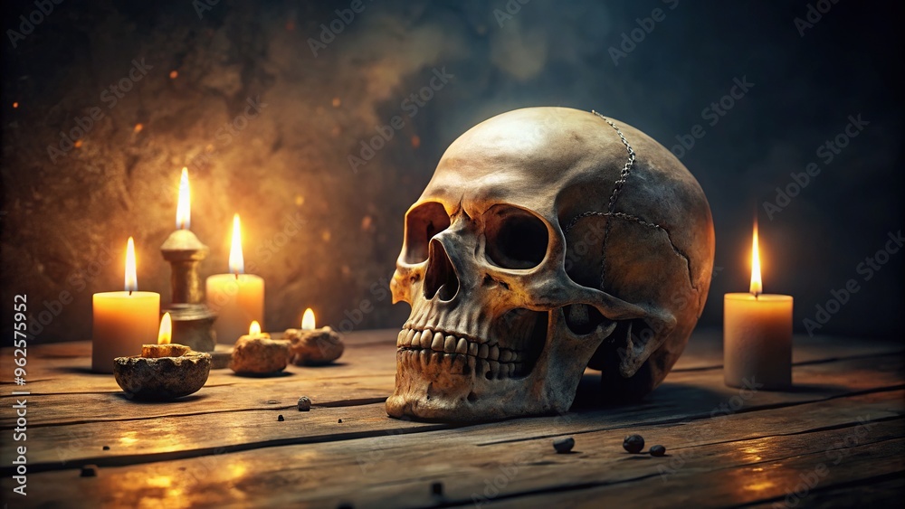 A highly detailed, lifelike human skull rests on a worn, wooden table, surrounded by faint, eerie candlelight, adding to its mystical and ominous atmosphere. A highly detailed, lifelike human skull rests on a worn, wooden table, surrounded by faint, eerie candlelight, adding to its mystical and ominous atmosphere.
