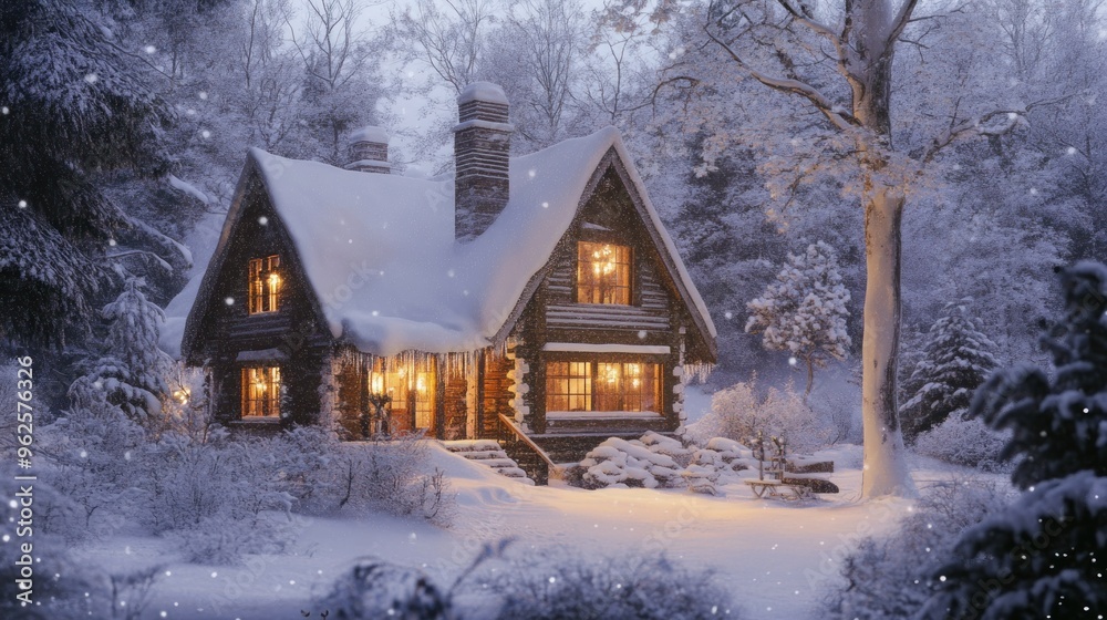 Naklejka premium Cozy Cabin in a Snowy Forest with Lights On