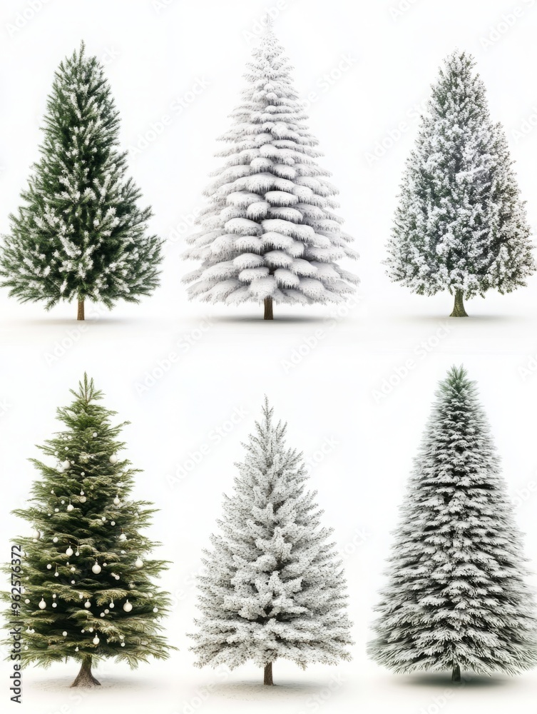 Obraz premium Six Christmas Trees in Different Styles and Types on a Plain White Background, Featuring High-Quality Designs in Neutral Tones