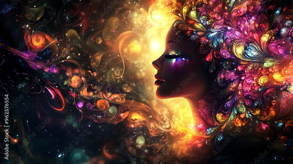 Mystical Woman Profile with Colorful Crystals and Swirling Patterns in Digital Art Mystical Woman Profile with Colorful Crystals and Swirling Patterns in Digital Art